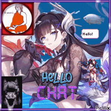 a picture of a girl with the words hello chat written on it