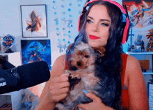 a woman wearing headphones and holding a small dog