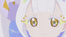 a close up of a girl 's face with white hair and a yellow eye