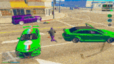 a video game scene with a green car that says aleeca