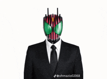 a man in a suit and tie is wearing a mask with green eyes