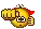 a pixel art illustration of a smiley face with a fist and a red hat .