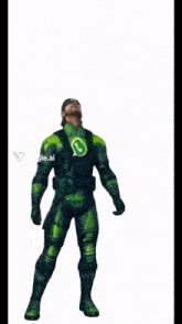 a man in a green superhero costume stands in front of a colosseum with dinosaurs