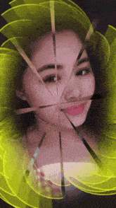 a woman 's face is surrounded by a yellow and black background
