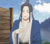 a drawing of a man in a blue and white kimono