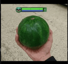 a person is holding a watermelon in their hand with a green bar that says 1 on it