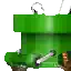 a green bird feeder with a chain hanging from it .