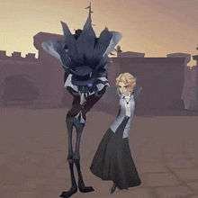 a woman stands next to a cartoon character in a suit and tie