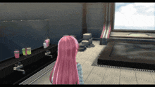 a girl with pink hair is standing in a bathroom looking out a window