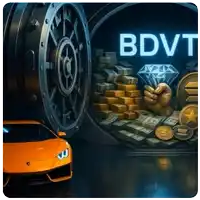 a car sits in front of a vault filled with money and coins