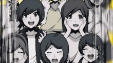 a group of anime characters are standing together with their mouths open