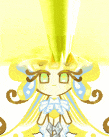 a cartoon character with yellow hair and green eyes has a yellow frosting on her head