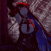 a girl with red eyes and horns is standing in front of a screen