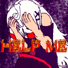 a drawing of a girl covering her face with her hands and the words help me in red