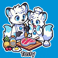 a cartoon of two foxes cooking with the word tasty on the bottom