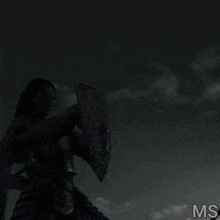 a man in armor is holding a sword with sparks coming out of it and the word ms on the bottom