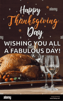 a happy thanksgiving day greeting card with a turkey and wine glasses