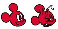 a cartoon drawing of a red mickey mouse 's face
