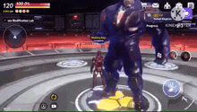 a screenshot of a video game shows a giant hulk standing next to a smaller hulk