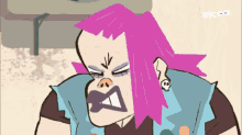 a cartoon drawing of a girl with pink hair and skull earrings