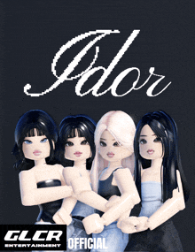 four dolls are standing next to each other with the word ador on the bottom