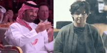 a man in a keffiyeh is sitting next to a young man in a sweater .