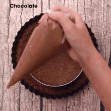 a person is making a chocolate pie with a bag of chocolate