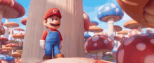 a cartoon character named mario is standing in a mushroom world