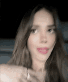 a close up of a woman 's face with long hair and a necklace .