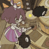 a girl in a purple dress is holding a knife next to a cat