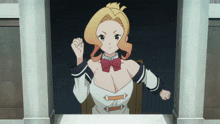 a cartoon girl with a red bow tie is giving a thumbs down sign