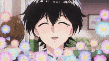 a close up of a girl surrounded by flowers with her eyes closed
