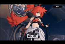 a girl with red hair is holding a microphone and the name penni is on her chest