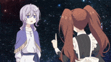 two anime characters standing in front of a starry sky with one pointing at something