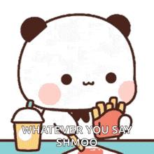 a cartoon panda bear is eating french fries and drinking a cup of milk .