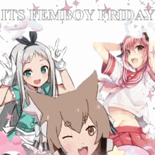 a poster that says its femboy friday with three anime characters