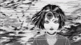 a black and white drawing of a girl with a circle in her eye .