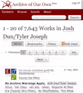a screenshot of the archive of our own beta website showing 1-20 of 7,643 works in josh dun / tyler joseph