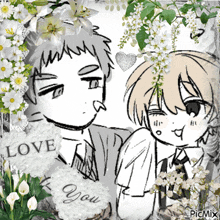 a black and white drawing of a man and a girl with a sign that says love you