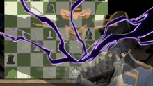 a chess board with purple lightning coming from the king