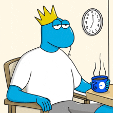 a cartoon character with a crown on his head is holding a cup of coffee in front of a clock