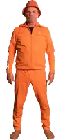 a man in an orange outfit is covering his eyes