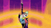 a colorful cartoon character is standing on a stage holding a guitar and pointing up .