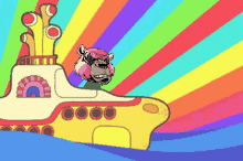 a cartoon of a monkey on a yellow submarine with a colorful background