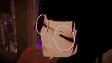 a girl with purple hair and glasses looks out of a window