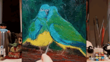 a painting of two birds with the words made in animatica below it