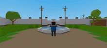 a man stands in front of a fountain in a minecraft world