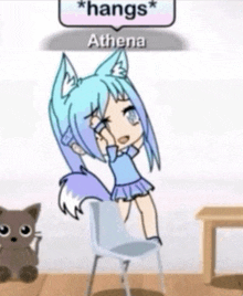 a girl with blue hair and ears is standing on a chair with a cat behind her .