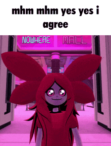 a cartoon character is standing in front of a neon sign that says nowhere mall