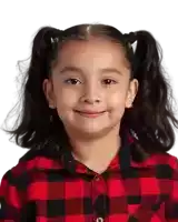 a little girl wearing a plaid shirt with the letter p on it